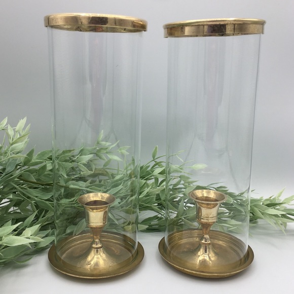 Brass Glass Hurricane Candlestick Holder Set